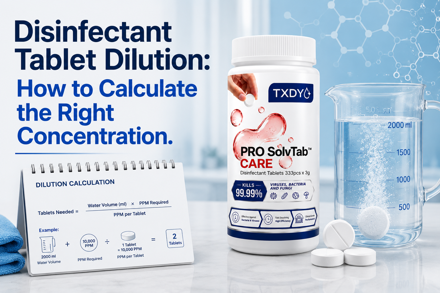 Disinfectant Tablet Dilution: How to Calculate the Right Concentration — TXDY Knowledge Center article cover image